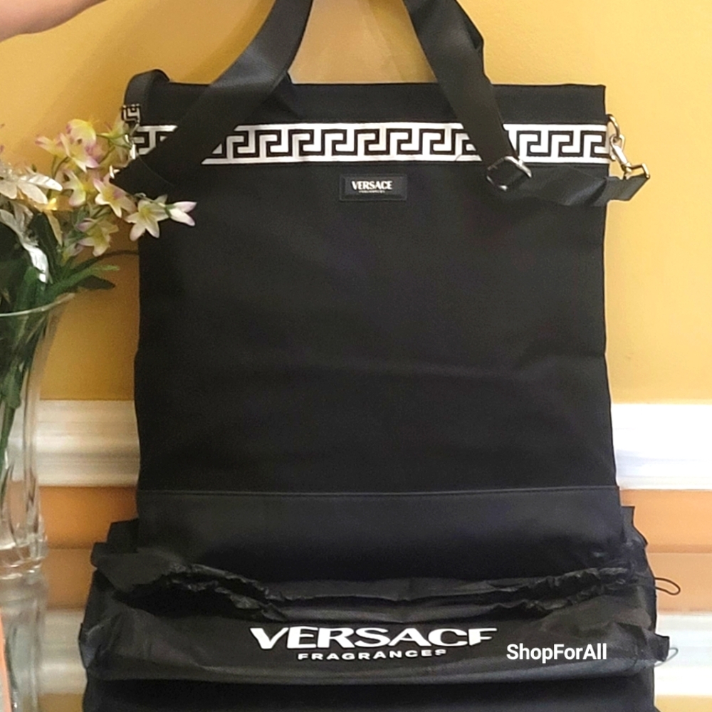 Versace Black Tote Bag with White Greek Key Trim
